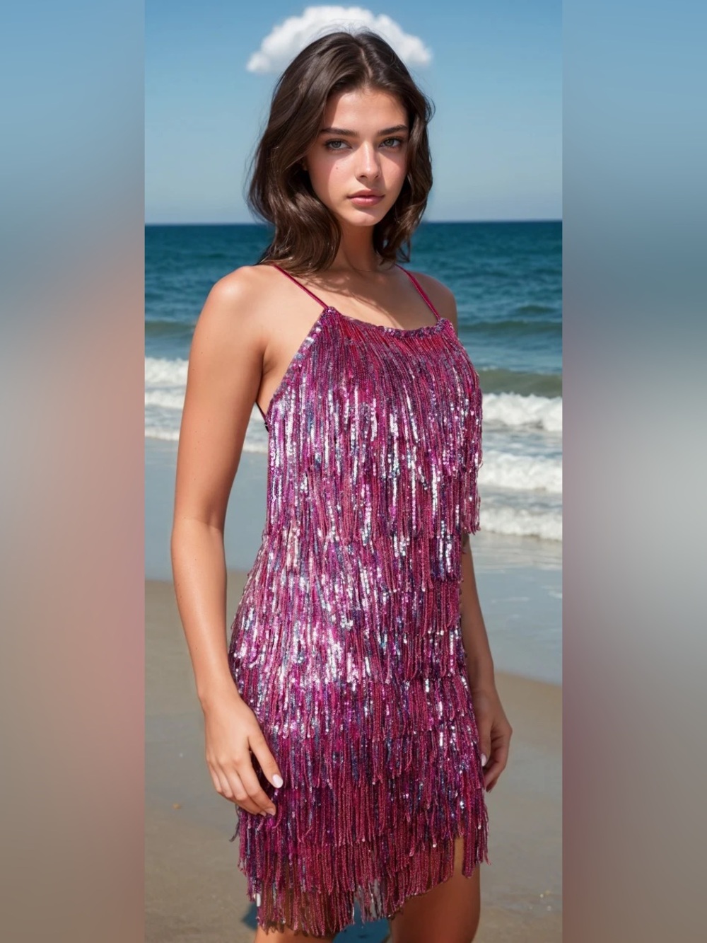 DEAR MOON Fuchsia Sequin Fringe Scoop-Neck Mini Party Dress size 1